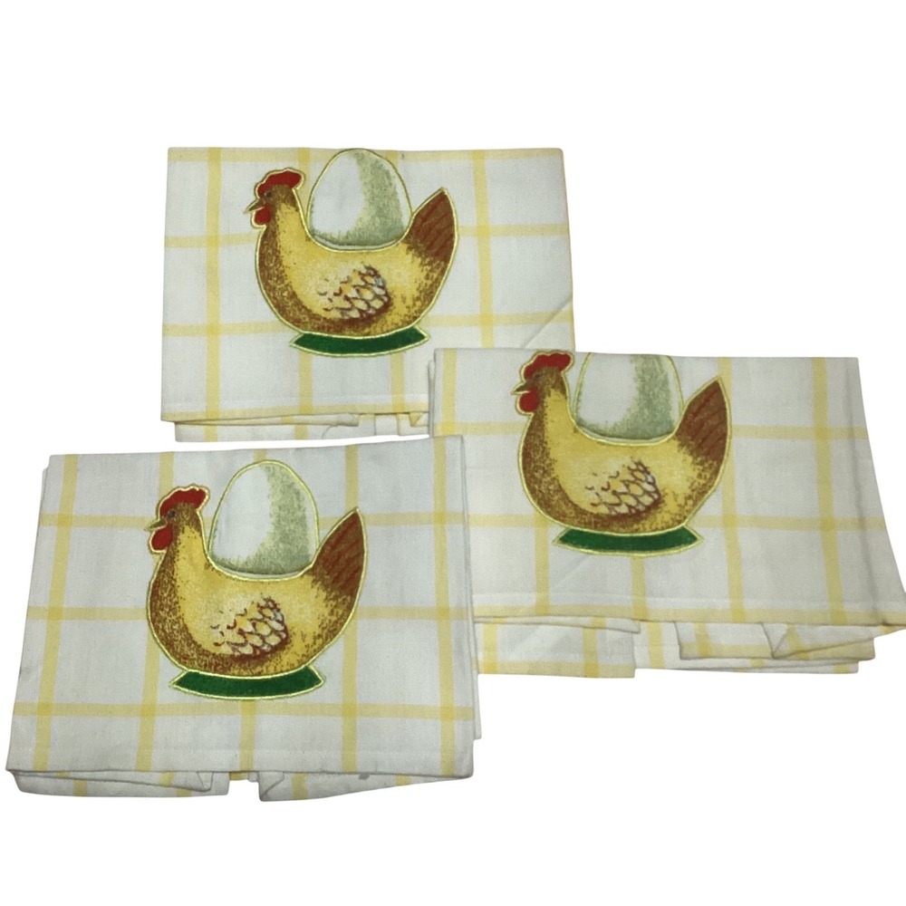 Dept 56 Sunday Brunch Cotton Tea Towels Set of 3 Yellow Plaid Hen Egg 27x18
